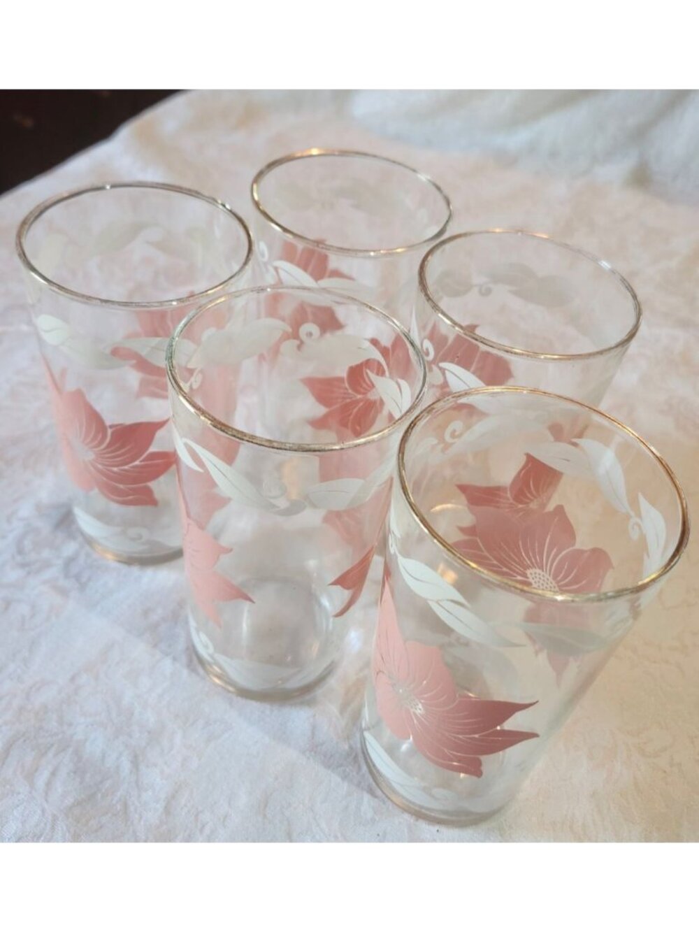 Vintage Pink & White Hibiscus Glass Tumblers Set Of 5 5-Inch Tall Floral Design - Picture 7 of 10